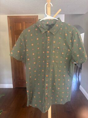 RVCA Olive Green Orange Geometric Diamond Short Sleeve Button Down Men's M